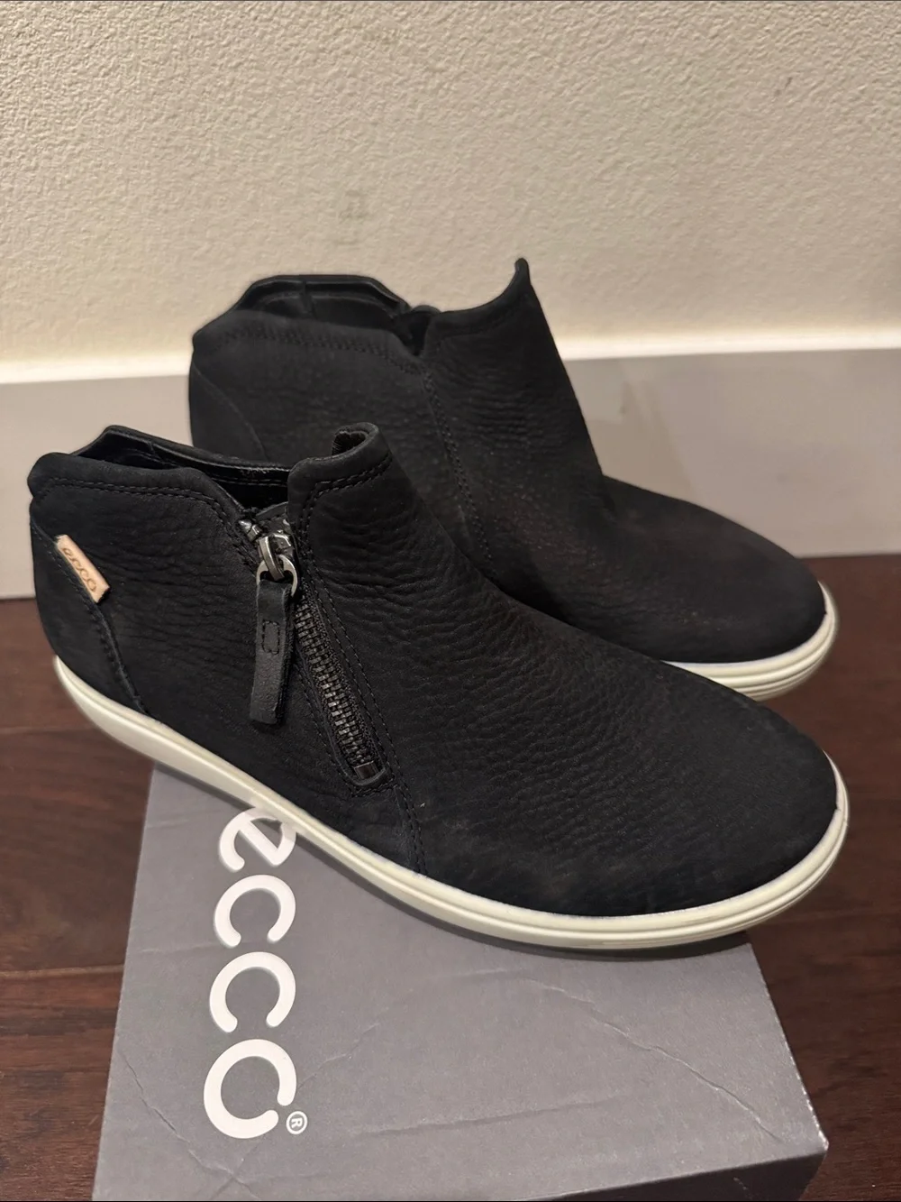 Ecco Black Suede Ankle Booties with White Sole